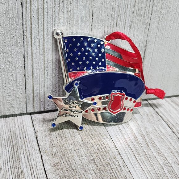 America's Flag and Cap " Be Strong and Courageous " Ornament Silver Metal - Picture 3 of 7